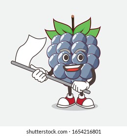 A picture of dewberry cartoon mascot character waving a flag