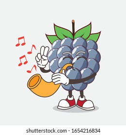 A picture of dewberry cartoon mascot character playing music with trumpet
