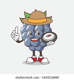 A picture of dewberry cartoon mascot character having a compass