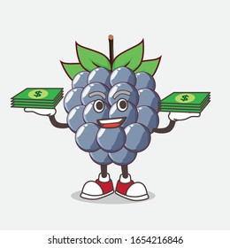 A picture of dewberry cartoon mascot character with money on hands