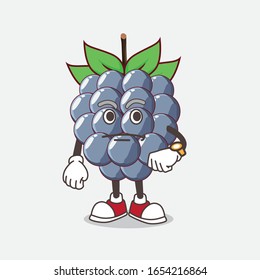 A picture of dewberry cartoon mascot character on a waiting gesture