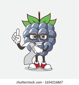 A picture of dewberry cartoon mascot character holding a menu