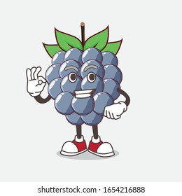 A picture of dewberry cartoon mascot character with calling gesture