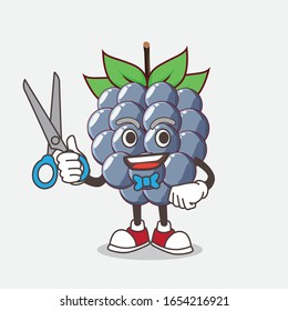 A picture of dewberry cartoon mascot character as smiling barber with scissors on hand