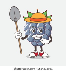 A picture of dewberry cartoon mascot character with hat and farmer tools
