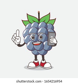 A picture of dewberry cartoon mascot character speaking on the phone