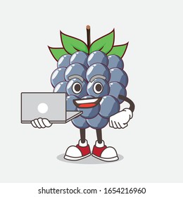 A picture of dewberry cartoon mascot character working with laptop