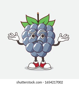 A picture of dewberry cartoon mascot character in comical grinning expression