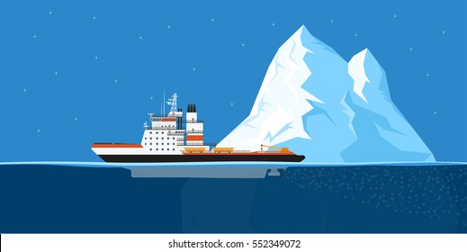 picture of diesel icebreaker ship and iceberg, flat style illustration