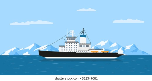 picture of diesel icebreaker ship and icebergs, flat style illustration