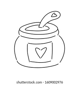 The picture of the dish. Jar of jam and honey. Vector symbol. Icon in Doodle style.