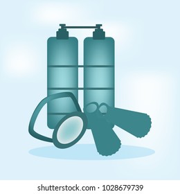 A picture of a diving set with a oxygen, flippers, and water mask