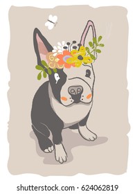 Picture of a dog with a wreath. Vector