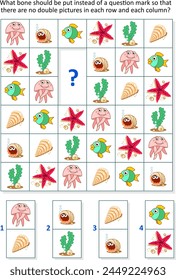 Bild Domino Sudoku Spiel für Kinder mit Unterwasser Kreaturen, Muscheln und Algen. 
