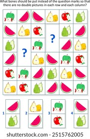 Picture domino sudoku logic puzzle with apples, pears, watermelon slices
