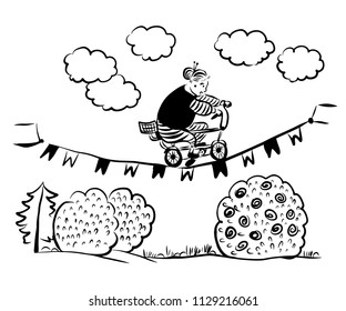 picture drawing cheerful grandmother on a children's bicycle performs an acrobatic stunt, rides a rope with flags over the yard, sketch, hand-drawn digital comic vector illustration