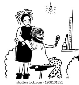 picture drawing, curly girl hairdresser with a hairdryer in her hands, doing a haircut to a man with a big beard and mustache, sketch, hand-drawn comic cartoon card-drawing vector illustration