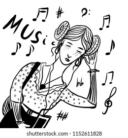 picture drawing of a girl with a funny hairdo listening to music with headphones, a sketch, a hand-drawn comic cartoon digital vector illustration