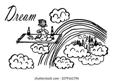 picture drawing isolate kid sitting on a rug with toys dreaming of flying among clouds, sketch, hand drawn comic cartoon ink vector illustration