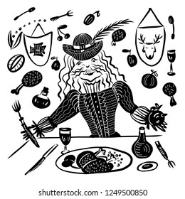 picture drawing a nobleman knight is dining in his family castle, a sketch, a hand-drawn comic cartoon doodle digital vector illustration. good for prints and illustrations of articles