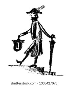 picture drawing, object on a white background, a man in a triangular hat with a lantern and umbrella, in vintage style, charcoal graphics, sketch, hand-drawn comic vector illustration