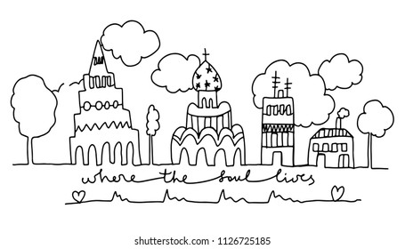 picture drawing a panorama of the city with towers and houses, clouds and seagulls, consisting of a continuous line, sketch vector illustration