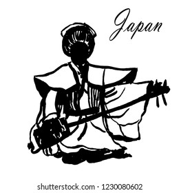 picture drawing of women geisha in traditional Japanese female costumes, silhouette, black ink, sketch, hand-drawn vector illustration