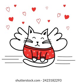 A Picture with dreaming cat and hearts, vector illustration, love cat
