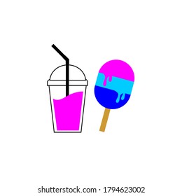 a picture of a drinking glass cup filled with purple water and various colored ice creams