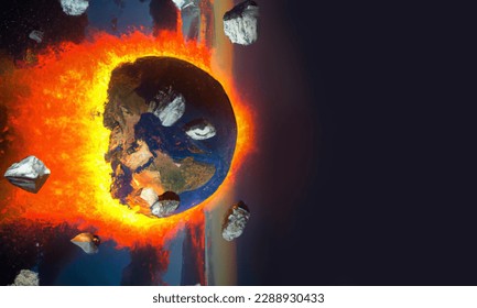 Picture of earth being destroyed due to global warming and final destruction. 3D Slide presentation.