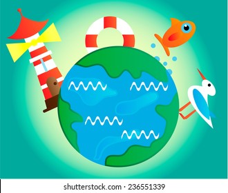 Picture of earth with lighthouse, fish and gull