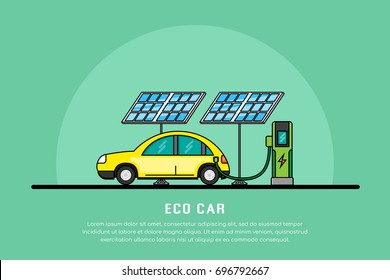 picture of electric car charging at charging station, electromobility concept, eco cars flat line banner