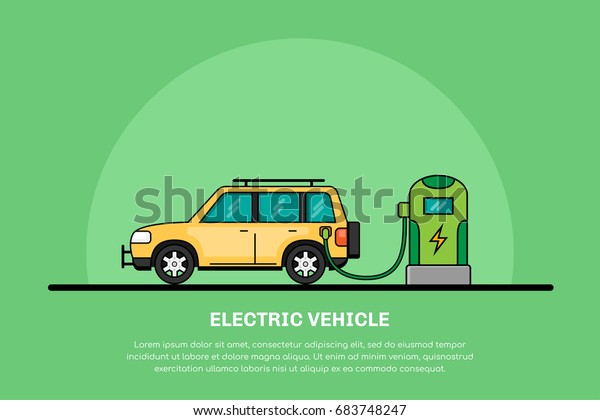 picture of electric\
car charging at charging station, electromobility concept, eco cars\
flat line banner