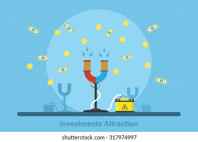 Picture of electric magnet connected to the battery and drawing coins and banknotes, flat style concept for investments attraction and money accumulation concept