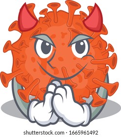 Una imagen del coronavirus del microscopio electrónico en el diseño de dibujos animados del diablo