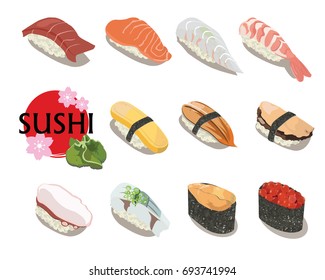 A picture with eleven different kinds of delicious sushi, such as tuna, salmon, and shrimp sushi.