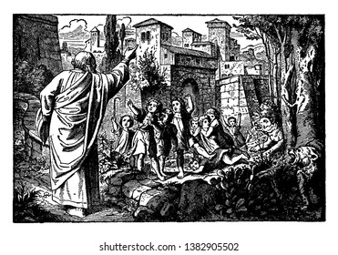 A picture of Elisha, Some rude boys and two bears. Elisha raised his right hand and curses those rude boys. Two bears can be seen attacking of those boys, vintage line drawing or engraving