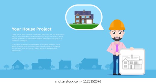 Picture of engineer character with plan drawing and house icon, house project, house building concept, flat style illustration