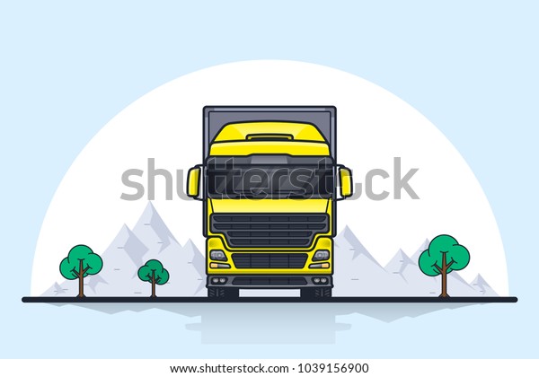 Picture of\
european cargo truck trailer, front view. Flat style line art\
illustration. Cargo transportation\
concept.