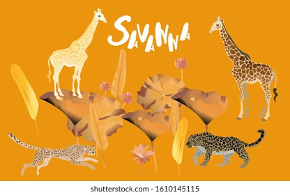 Picture with exotic animals and flowers of the african savannah. Orange vector background. EPS 10
