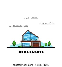 Picture of a family cottage house with trees, real estate, construction industry, flat style illlustration