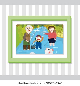 A picture of a family fishing inside a green frame. The father caught a fish.