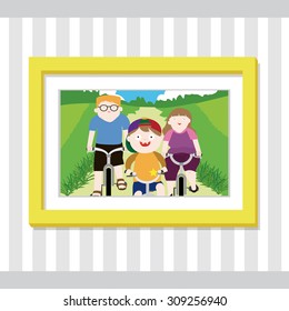 A picture of a family riding their bikes inside a yellow frame.
