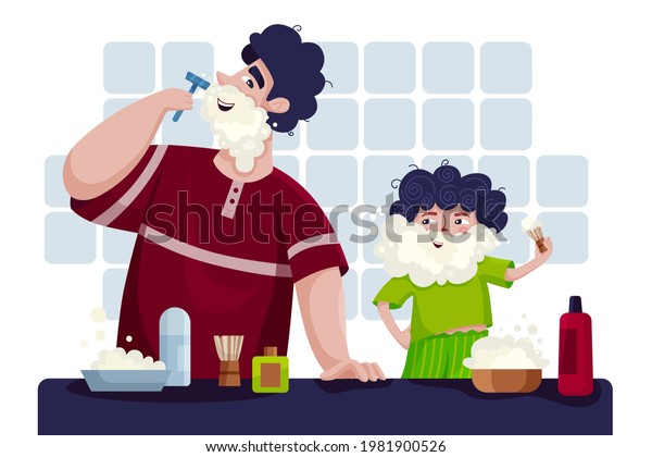 a picture for\
father\'s day. father and son have fun. father shaves in the\
bathroom, little son imitates him.\
