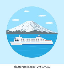 picture of a ferry boat in front of big mountain, flat style illustration