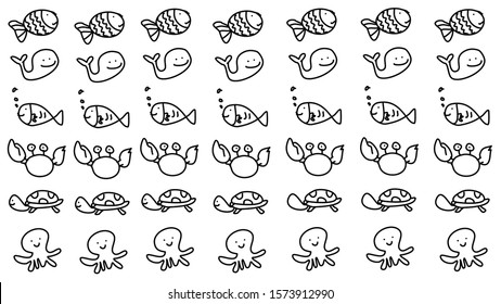 Picture of fish, crab, turtle, squid on a white background