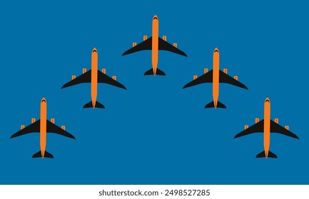 picture of five Airplane flying combat order, flat style illustration. Airplane symbol vector design.