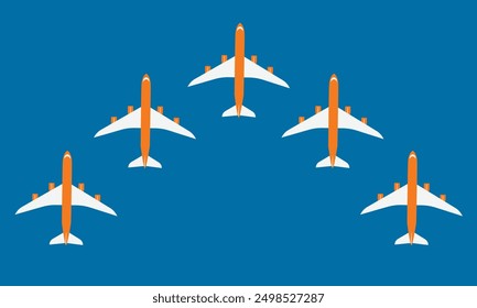 Imagen de cinco aviones volando orden de combate, ilustración de estilo plano. Diseño de Vector de símbolo de avión.