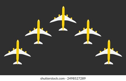 picture of five Airplane flying combat order, flat style illustration. Airplane symbol vector design.