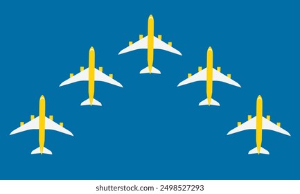 picture of five Airplane flying combat order, flat style illustration. Airplane symbol vector design.
